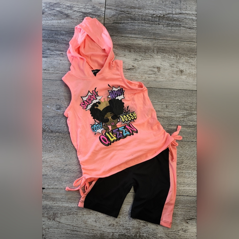 Mini Bossy Queen Knit Hooded Biker Short Set-Neon Coral